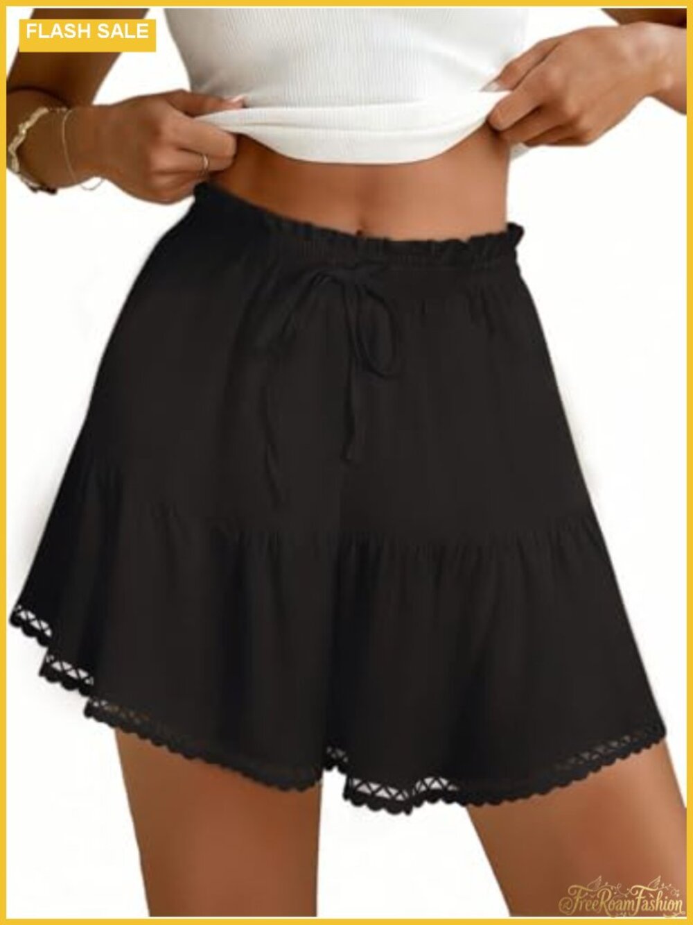 Flowy High Waisted Lace Trim Ruffle Wide Leg Skorts with Pockets